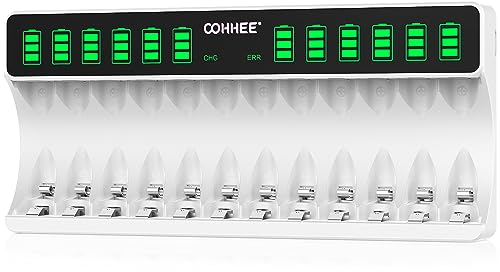 OOHHEE Caricabatterie Iintelligente, Grande Schermo LCD Caricabatterie, per Batterie NI-MH/NI-CD, 12 Baie Singolarmente Bianco Caricabatterie per Batterie AA AAA Ricaricabili