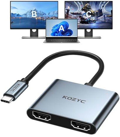 KOZYC USB C to Dual HDMI Adapter 4K@60Hz, Type C to HDMI Splitter Extended Display for Laptop, MacBook, MacBook Pro, UHDTV (Only on Windows support MST)