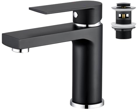 Aktines Waschtischarmatur für Badezimmer eckig, Hochdruck Einhebelmischer Armatur Wasserhahn für Waschbecken Bad W.C. mit Pop-Up Ablaufgarnitur aus Ededstahl in mattschwarz