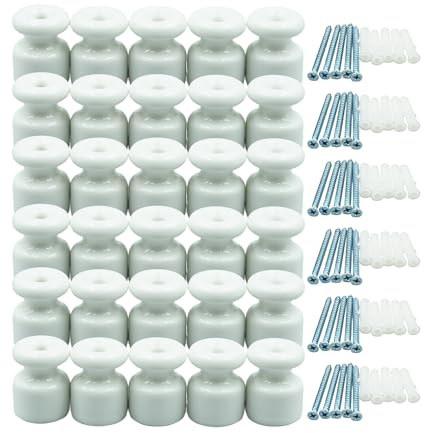 Set di 30 isolanti in porcellana per installazione con cavo intrecciato tessile Dia.20 mm