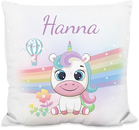 True Statements Kinder-Kissen personalisiert „Einhorn mit Regenbogen-Motiv“ - 40x40cm, mit Kissen-Füllung - Deko-Kissen für Kinderzimmer - Geschenke Geburtstag Weihnachten