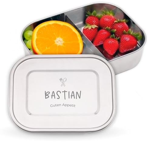 LAUBLUST Personalisierte Brotdose für Kinder mit Fächern aus Edelstahl - Lebensmittel Motiv, ca. 1400 ml Jausenbox | Lunchbox für Mädchen & Jungen - Bento Box für Schule und Kindergarten auslaufsicher