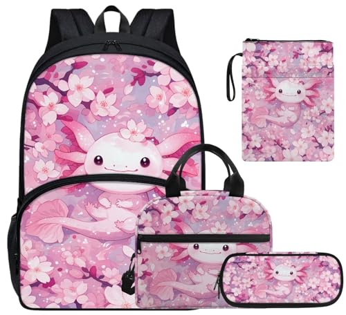 Uppodwarkid Axolotl Backpack for Girls Cherry Blossoms Bookbag with Lunch Bag Pencil Case Book Cover Protector Lightweight Backpack for Elementary Middle School Students Trendy School Bag
