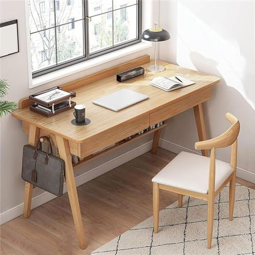 Escritorio de oficina en casa de madera con cajones y estantes - Escritorio moderno de madera maciza natural, escritorio de estudio simple, escritorio de computadora, estación de trabajo, escritorio