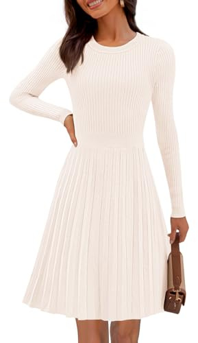 MEROKEETY Women's 2025 Long Sleeve Mini Sweater Dress Crewneck Ribbed Knit A Line Pleated Swing Short Dresses, Beige, Medium