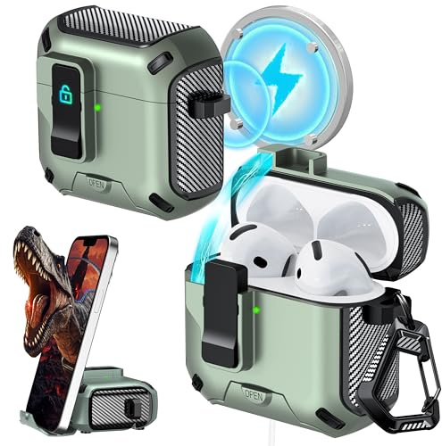 RFUNGUANGO Custodia compatibile con AirPods 4 con penna per la pulizia, clip di bloccaggio, protezione completa del corpo, funzione di supporto e compatibile con Magsafe,Verde mela