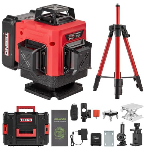 TEENO Digital On-Screen Laser Level 4 x 360°, Self-Leveling Laser Level, 2x4800 mAh Rechargeable Batteries, with Remote Control and Tripod, LCD Digital Display, Magnetic Base.