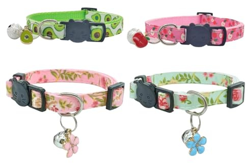 QFEHTHSK 4 Stück Katzenhalsband mit Glöckchen, Blumig, Nylon, Verstellbar, Für Katzen aller Altersgruppen, Indoor/Outdoor