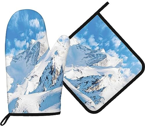 Ofenhandschuhe Berg Winter Saison Sport Und Snowboarden, Weiß Und Blau Grillhandschuhe Waschbare Topflappen Set Qualitäts Kochhandschuhe Für Backen Barbecue Kochen