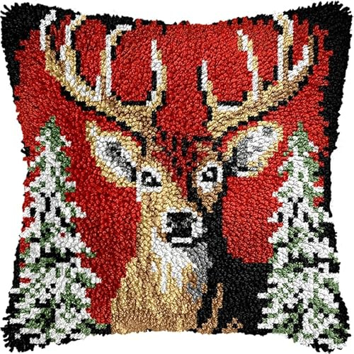 WallustrioaW Weihnachten Gestempeltes Kissen-Knüpf-Set,Tier Elch,Diy-Knüpf-Kissen-Set,Anfänger,Erwachsene,Geschenk Stickerei,Heimdekoration,Knüpf-Haken-Set,43x43cm