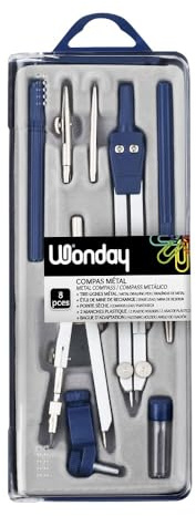 WONDAY - Compas, Coffret 8 pièces Technique Ballustre avec tire-ligne + pointe sèche, 1 bague d'attache universelle, 1 manche porte tire-ligne, 1 tire-ligne métal, 1 étui de 1 mine de rechange