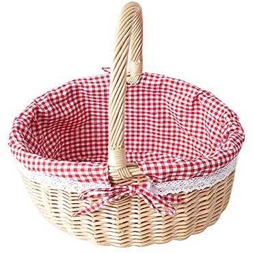 Picknickkorb, handgefertigter Weidenkorb mit Griff, gewebte Korbaufbewahrung, geflochtener Camping-Picknickkorb mit doppeltem Deckel, tragbarer Einkaufskorb mit Stofffutter, DREI