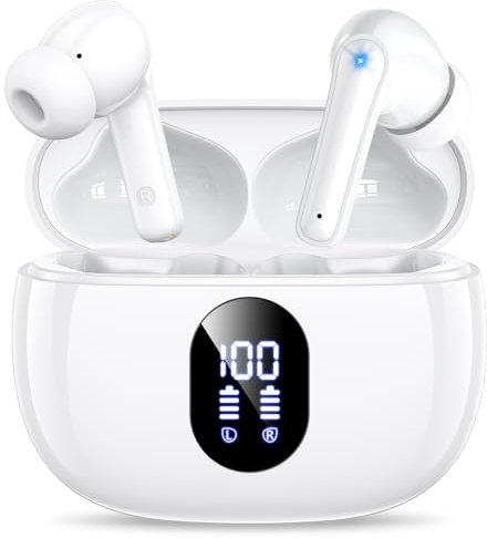 ZZU Écouteurs intra-auriculaires Bluetooth 5.3 sans fil avec HiFi stéréo, 4 ENC réduction du bruit, 48 heures d'autonomie, affichage LED, écouteurs IPX7 avec AI pour iPhone, Android, travail et étude
