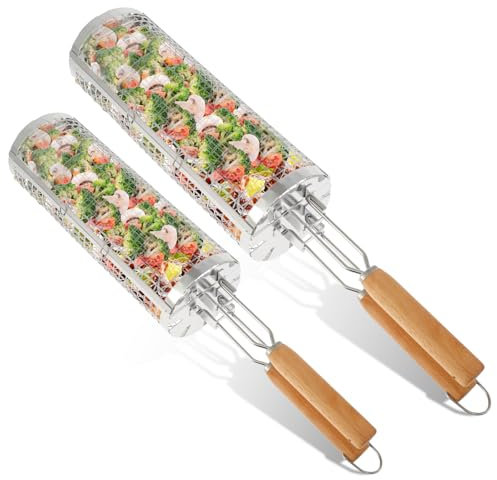 Grillkorb mit Rollen, Grillkorb mit abnehmbarem Doppelgriff, Grillkorb aus Edelstahl, multifunktionaler Grillkorb (2 Stück)