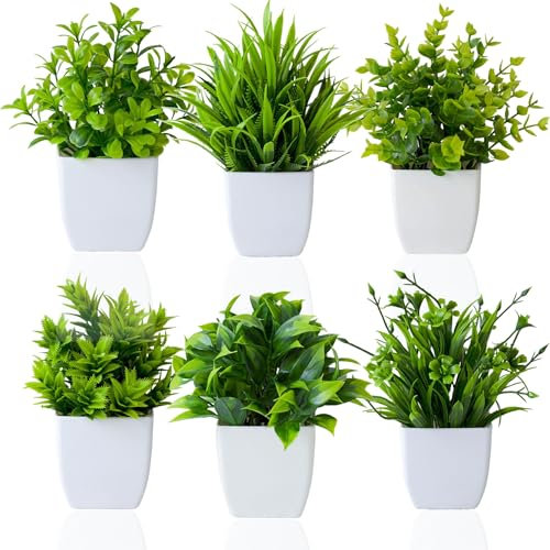 LuckyCao 6 Pack Small Artificial Plants in Pots, Mini Fake Plants Potted Indoor/Outdoor Faux Plants Artificial Flowers Potted Plastic Plant for Home, Office, shelf,Table,Garden Decor