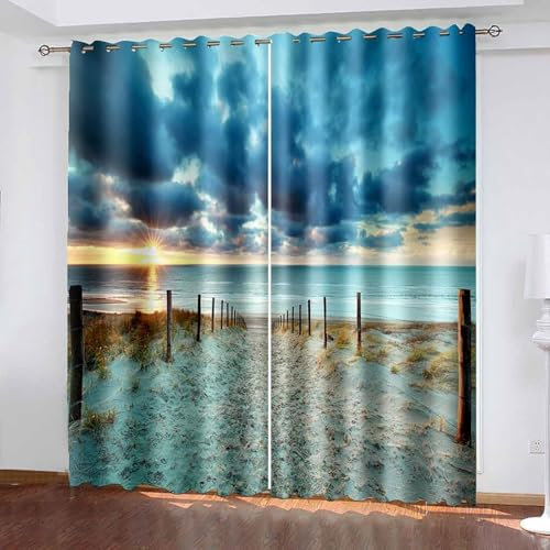 Lirzxin Blickdichte Vorhänge 274 cm Lang, Verdunkelung Gardinen mit Ösen 2er Set Grau Blau Beige Sonnenuntergang Meer und Strand Landschaft Vorhang für Wohnzimmer Schlafzimmer, 132x274 cm(BxH)