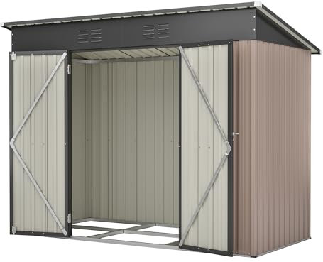 Jaxilyn Casetta per attrezzi in metallo, 229 x 111 x 182 cm, con tetto spiovente, capanno da giardino, include fondazione in metallo (senza pavimento), armadietto per attrezzi da giardino, marrone