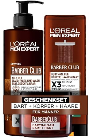 L'Oréal Men Expert Barber Club Advanced Pflegeset für Männer, Mit XXL Duschgel, Bartshampoo und Bartbalsam, Set für Herren mit holzigem Duft und ätherischem Zedernholzöl, Barber Club, 3-teilig
