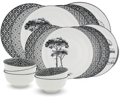 Service Vaisselle 18 Pièces Villa les Pins, Porcelaine Noir et Blanc, Assiettes et Bols Ø26.9/20.5/11.2 cm, Design Méditerranéen, Motifs Assortis
