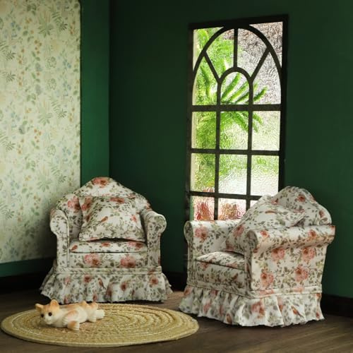 iLAND Dollhouse Furniture of Miniature Couch The Great Doll House Furniture Set for 1/12 Accessories, Elegant Rose and Birds Pleated Single Sofas 2 Pcs Customized Fabric and Amazing Handiwork