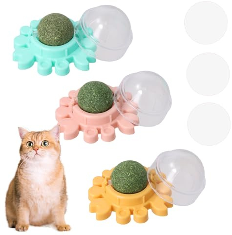DecorDwell Katzenminze Wand, 3 Stück Drehbare Katzenminze Ball, 360 ° Drehbar Leckbar Interaktives, Mit Deckel, Interaktives, fur Reinigen Zähne Darmverdauung(Rosa Grün Gelb)