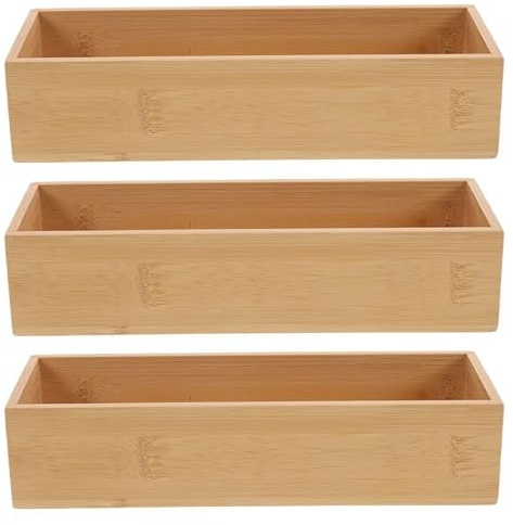 MUCKLILY 3pcs Wooden Drawer Organizer Storage Box for Home Office Kitchen Bathroom Drawer Utensil Holder Bamboo Silverware Tray for Organizing Small Items Desktop Pantry
