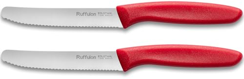Ruffulon Rot Messer Set, Frühstücksmesser 2 Stück,Spülmaschinenfest | Tomatenmesser aus 11cm Edelstahl Klinge,Polypropylengriff,Brötchenmesser mit Wellenschliff,Vespermesser für Haus&Restaurant