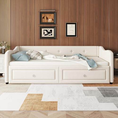 VIVCA Cama de día 90 x 200 cm, cama de día con cama extraíble, sofá cama con dos cajones, cama individual (sin colchón), lino, estilo minimalista, beige
