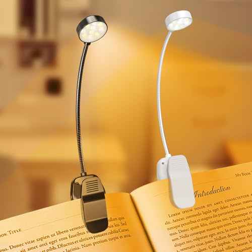 Book Reading Light 2 Packs Rechargeable Portable, Eye Care 10 LED Lamp for Reading in Bed - Adjustable Brightness, 3 Color Temperatures 30+ Hours Runtime, Perfect Gifts for Book Lovers, White & Black
