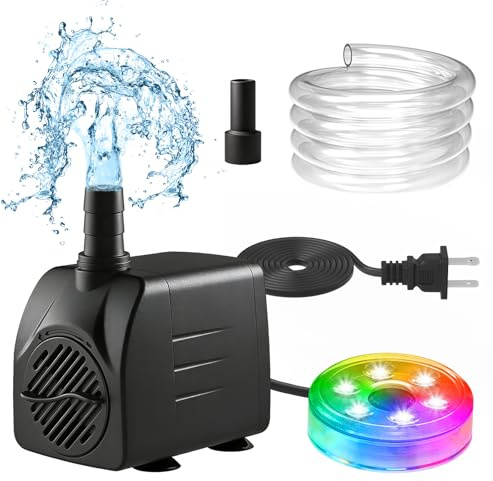 CREPOW 210GPH Submersible Water Pump, 15W Ultra Quiet Small Fountain Pump with LED Lights and 3.28 ft Tubing, 2 Nozzles for Outdoor Pond, Water Feature, Aquarium, Fish Tank, Hydroponic, Statuary