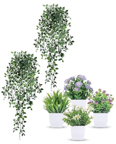 HAIYIPEIZENG Fake Plants 6 Pack Artificial Hanging Plant Small Artificial Plants Indoor with Pots, Realistic Green Plants Flowers for Home Room Indoor Boho Bedroom Bathroom Home Wall Shelf Decor