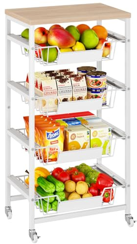 IBUYKE Carrito Organizador para Frutas y Verduras con Cajones, Carrito Auxiliar con Cesta para Frutas y Superficie de Madera, Carrito de Servicio con Ruedas para Dormitorio,Despensa,Natural TLJ026R
