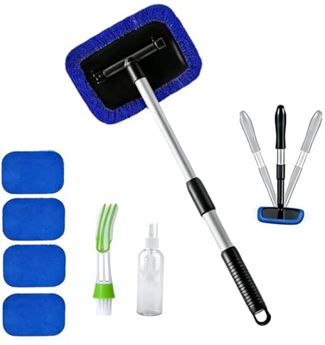 Car Windscreen Cleaner Tool, 7 pcs Telescopic Handle Car Cleaning Kit with 4 Reusable Microfiber Pads, Auto Windshield Cleaner for Interior Exterior Glass