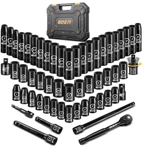 3/8 Drive Impact Socket Set, 57-Piece Standard SAE (5/16 to 3/4 inch) and Metric (8-22mm), Include Ratchet Handle, Extension Bar, Universal Joint, Adapter, and 5 Additional 10mm Sockets