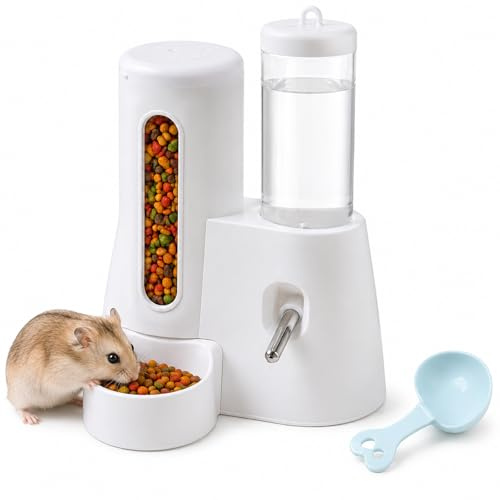 2-in-1 Hamster Water Bottle & Automatic Feeder, 125ml No-Drip Drinking Fountain with 300ml Food Dispenser, Easy Clean Feeder with Spoon for Hamsters Rabbits Chinchillas Small Animals (White)