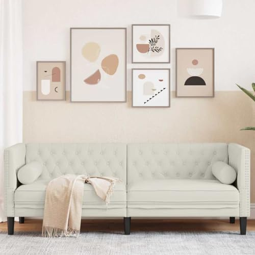 sephironlbb Chesterfield-Sofa 3-Sitzer Creme Samt mit Nackenrollen, Polstergarnitur für Wohnzimmer, komfortable Couch mit Schaumstofffüllung, stabile Beine, ideal für Lounge und Gästezimmer