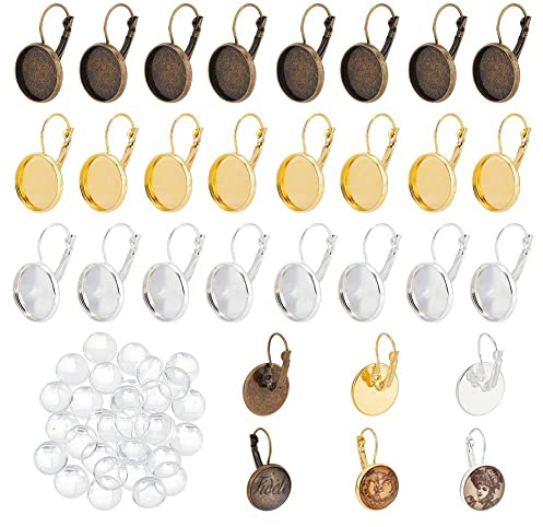 PH PandaHall 30 Sets 3 Farben Ohrhänger Messing Haken für Ohrringe Ohrringhaken Mit Runde TablettGlas Cabochons, Kuppelform Ohrring Rohlinge Für Die DIY-Schmuckherstellung, Platte: 16mm