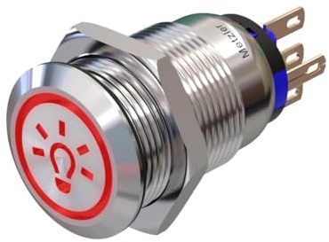 Metzler® LED Druckschalter mit Lichtsymbol und Rastfunktion aus Edelstahl rostfrei IP67 Ø 19 mm 230 V rot beleuchtet langlebig wasserfest für Innen und Außen 10 Jahre Ersatzteilverfügbarkeit
