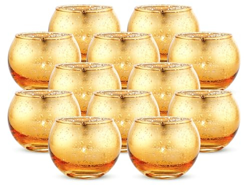 Nuptio 12 Stück Runde Quecksilber Votive Kerzenhalter, Aus Quecksilberglas mit Einem Gesprenkelten Goldfinish für Ihre Hochzeitsdekorationen oder Inneneinrichtungen, Teelichtgläser Weihnachten Deko