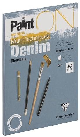 Clairefontaine 975700C - Malblock PaintOn, verleimt, 15 Blatt Zeichenpapier, DIN A5, 14,8x21 cm 250g, denimblau, 1 Stück