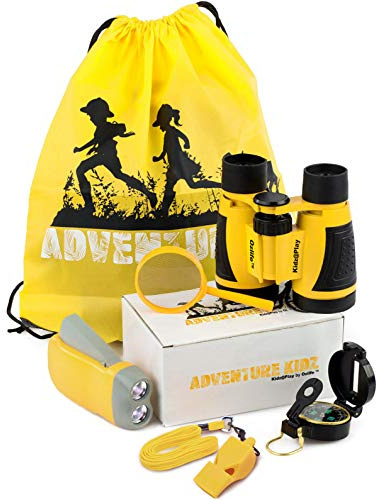 Adventure Kidz Yellow Outdoor Exploration Kit for Children | Children's Binoculars, Flashlight, Compass, Fox Whistle, Magnifying Glass