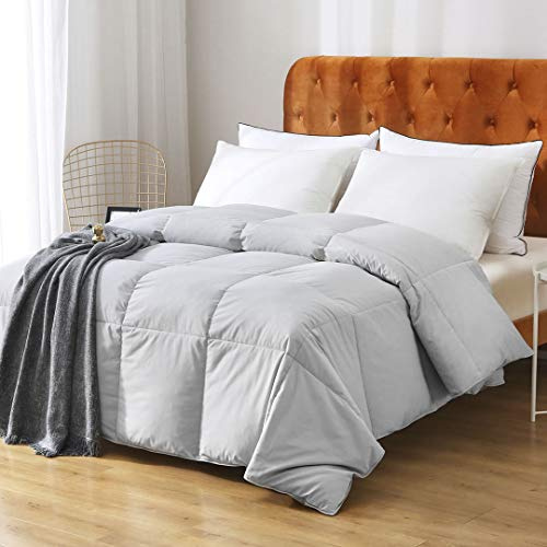 Oaken-Cat Gray Feathers Down Comforter Full/Queen - 100% Organic Cotton Cover, Medium Warm All Seasons Machine Washable Duvet Insert with Tabs (90x90, Mirage Grey)