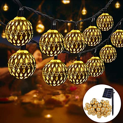 NLNEY Led Lichterkette Marokkanische, Solar 7M, 50 LED, 8 Modi, Wetterfest, Outdoor, 350 Lumen, 3000K, Warmweiß, Hochzeit, Garten, Party