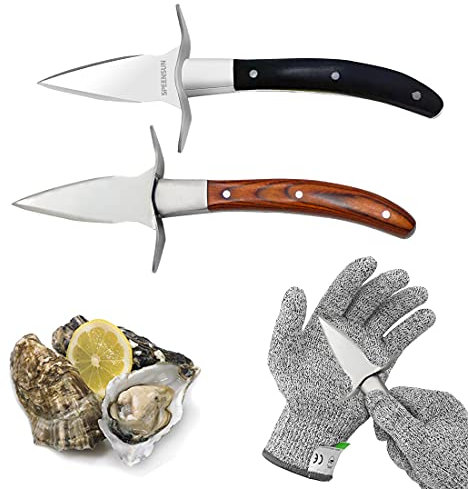 Oyster Shucking Knife,Oyster Shucker,2 Set Sturdy Sharpness Oyster Knife With Comfort Wood-handle,Oyster Shucking Kit With 1 Pairs Of Level 5 Protection Cut-resistant Gloves(L) For Oyster Clam