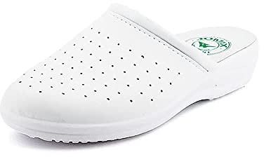 JOMIX Gesundheitsschuhe Herren Clogs Pantoletten Berufsschuhe Bequeme Sanitär-Clogs Medizinische Gartenschuhe Kochschuhe Herren Weiß Leder Fußbett (02 Weiß, 43 EU)