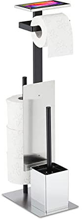 Relaxdays WC Garnitur, Toilettenpapierhalter, Toilettenbürste u. Bürstenhalter, Ablage, HBT: 69x26x18 cm, Silber/schwarz