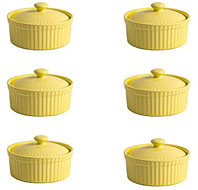 YRHH 6Pcs Oven Bowl with Lid Souffle Mold Ceramic Desserts Snacks Bowl Heat-Resistant Baked Pudding Bowl 6 Colors-Yellow