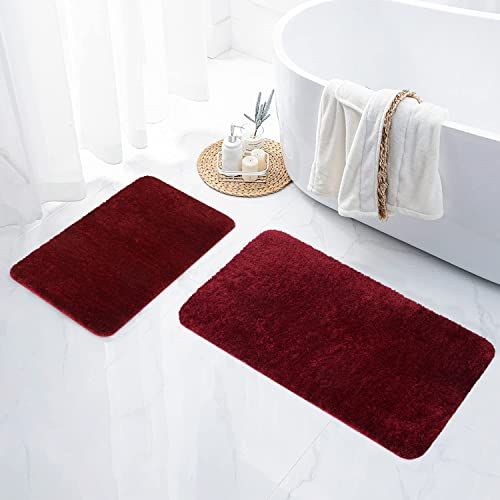 Homaxy Badezimmerteppich Set 2 teilig Badematte rutschfest Waschbar Weiche Hochflor Badteppich Flauschige Mikrofaser Badvorleger Set – 41 x 61 cm + 51 x 76 cm, Weinrot