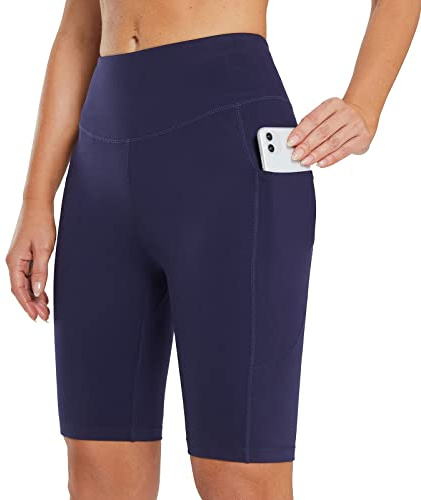 BALEAF Women's 10 Running Sports Shorts Knee Length Gym Leggings High Waisted Yoga Shorts with Pockets Navy M