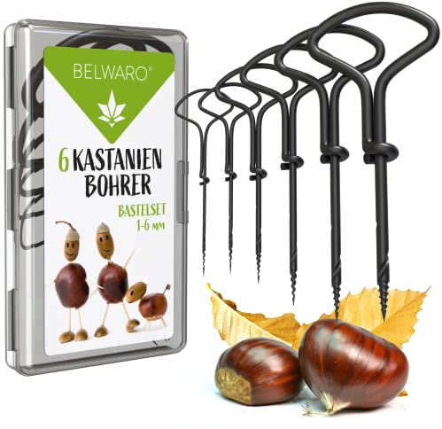 Belwaro® Kastanienbohrer, 6-teiliges Set NEU* mit Aufbewahrungsbox, gehärteten Spitzen - 1-6 mm Kastanienbohrer Kinder, Handbohrer Kinder, Handbohrer Holz, Kastanien Bastelset